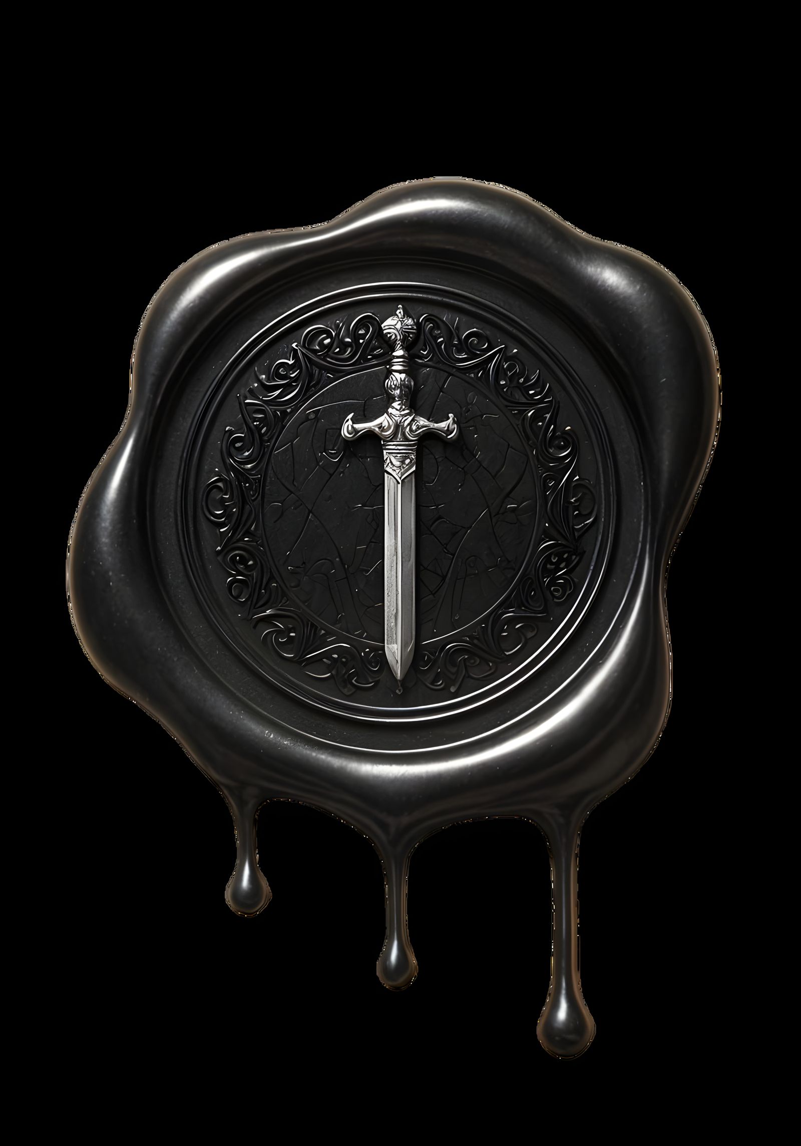 Realistic Black Wax Seal with Embossed Silver Sword
