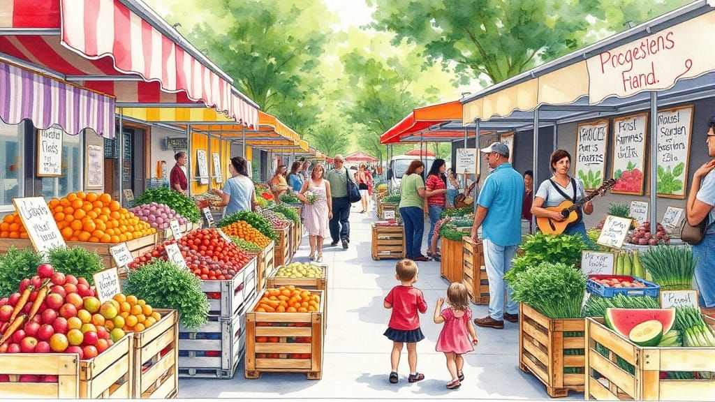 Vibrant Neighborhood Market Scene in Whimsical Watercolor
