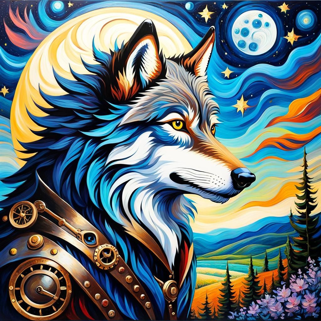 Steampunk Wolf Howling at the Moonlit Sky