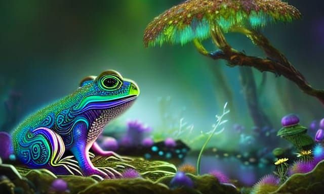 Rainbow Frog on Fairy Mushroom, Bioluminescent Art