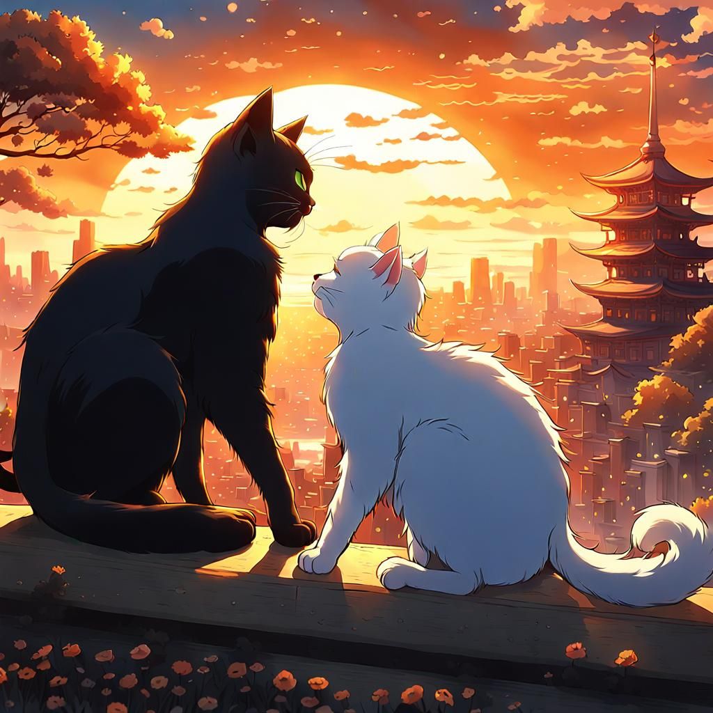 Black and White Cats Touching Paws at Sunset