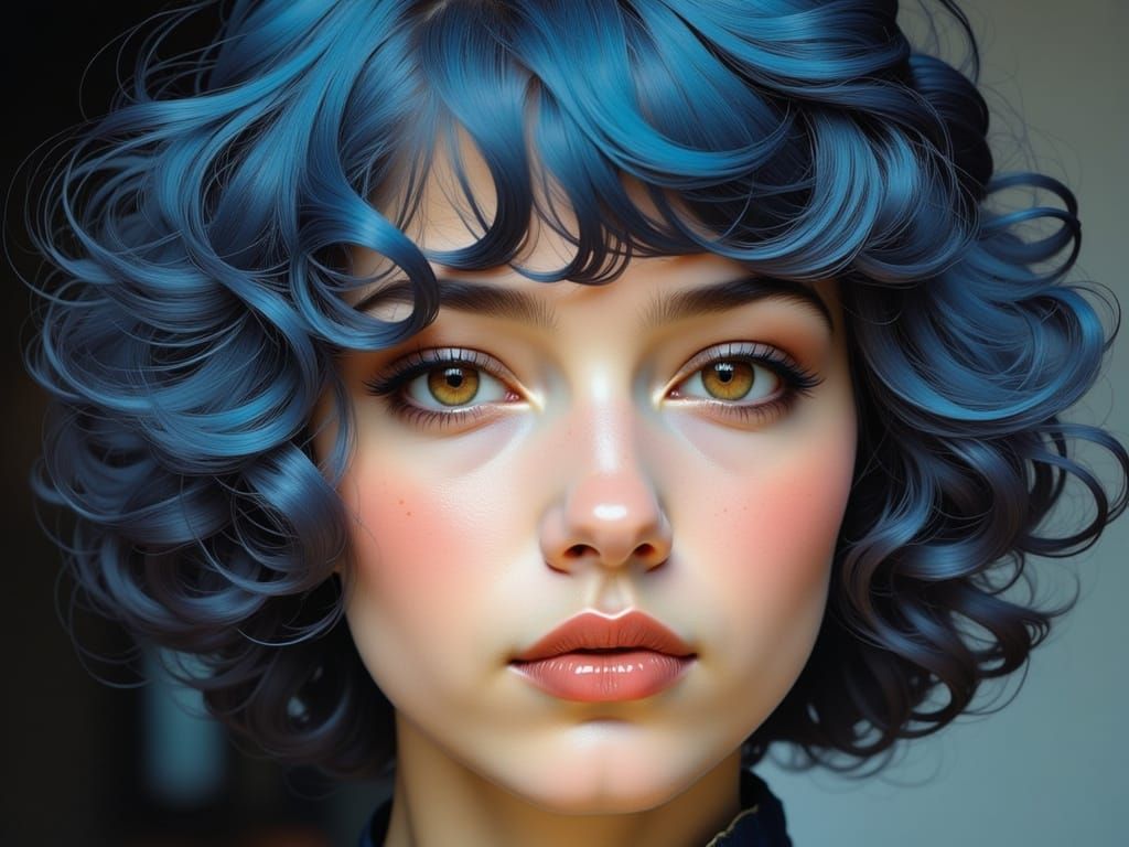 Euro-Indian Woman with Asymmetric Blue-Grey Hair and Neon Ey...