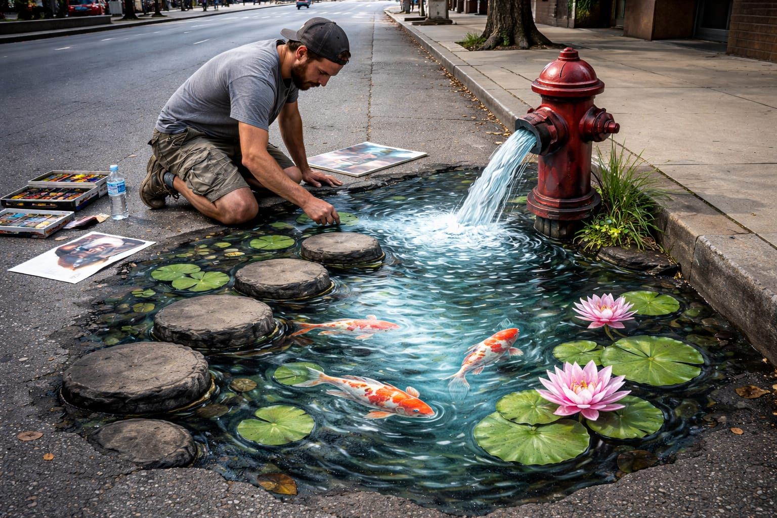 Street Artist creating a pond.