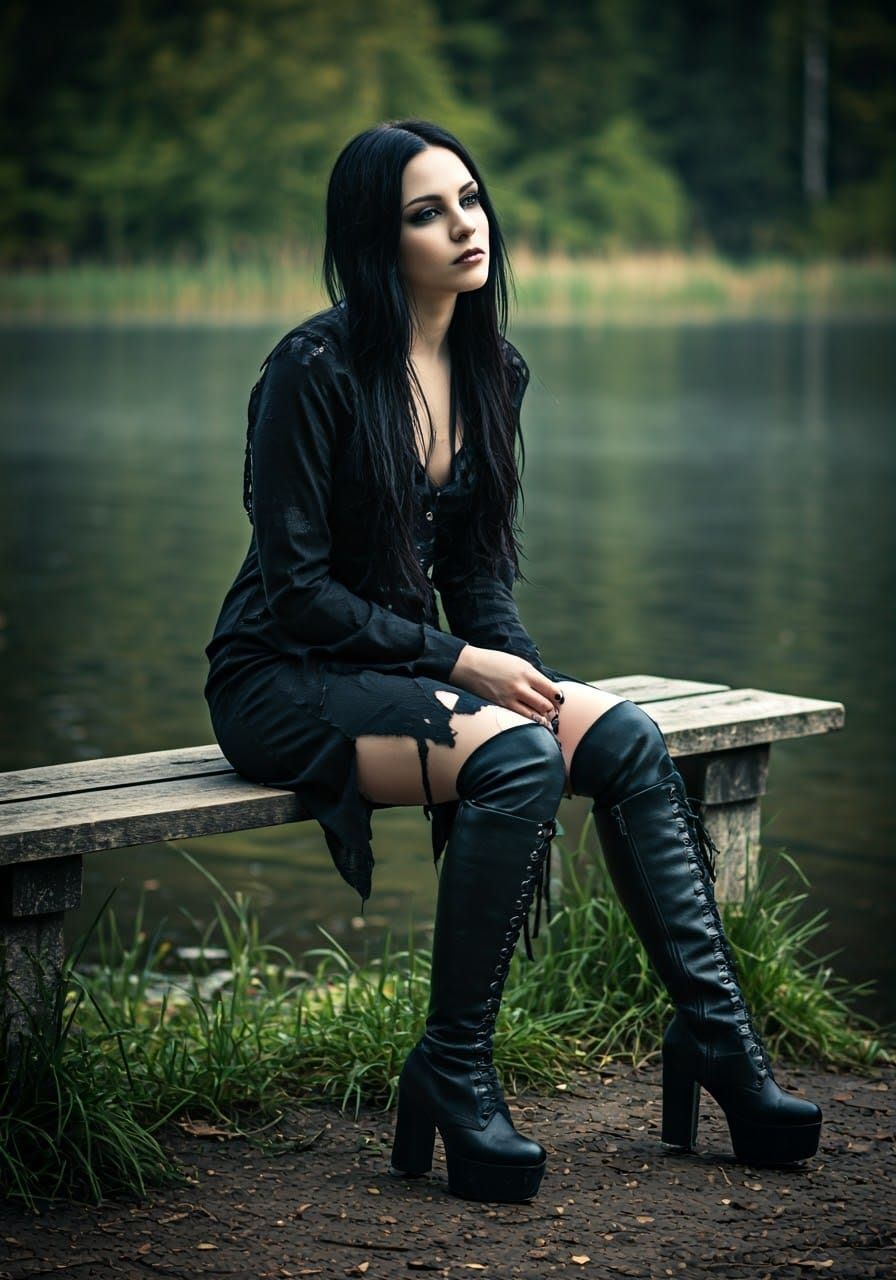 Goth Girl Contemplates Lake Landscape in Moody Film Noir Sty...