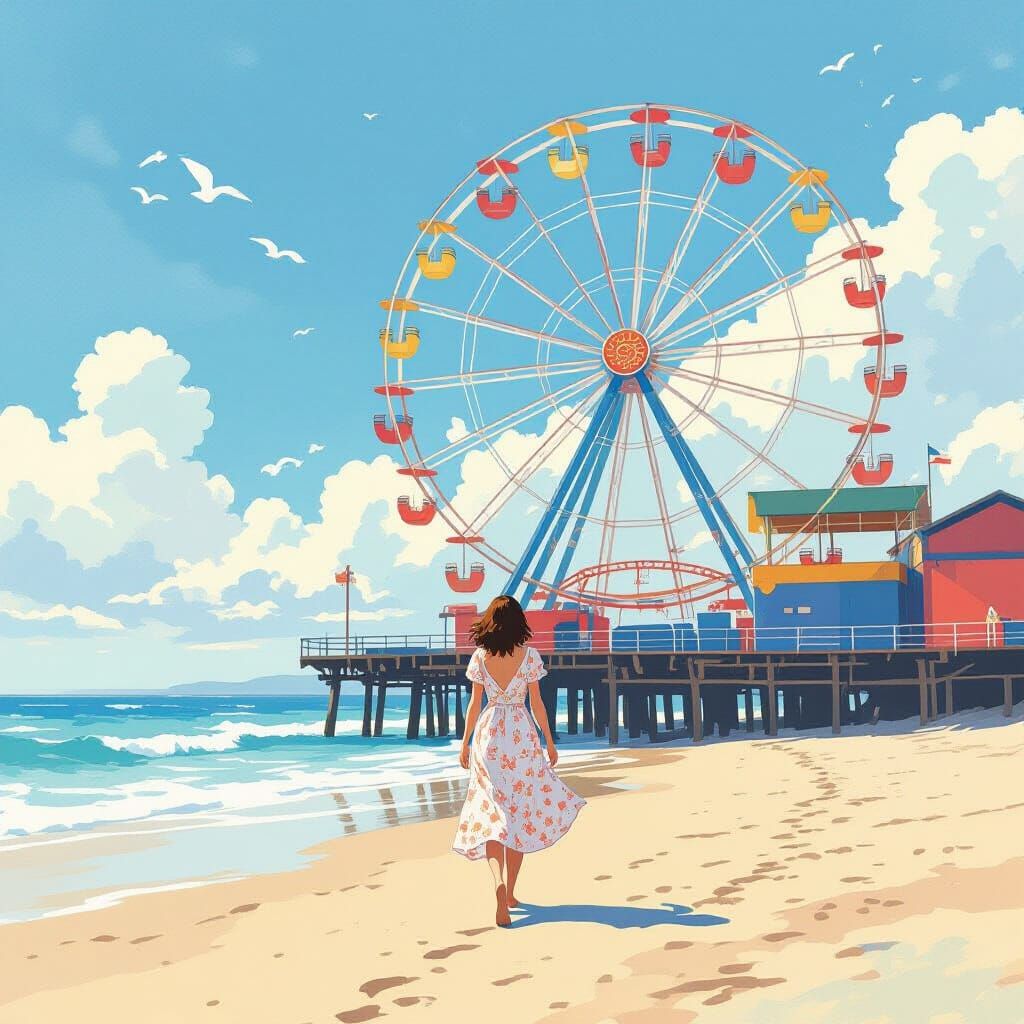Dreamy Ferris Wheel Pier Scene in Watercolor Style