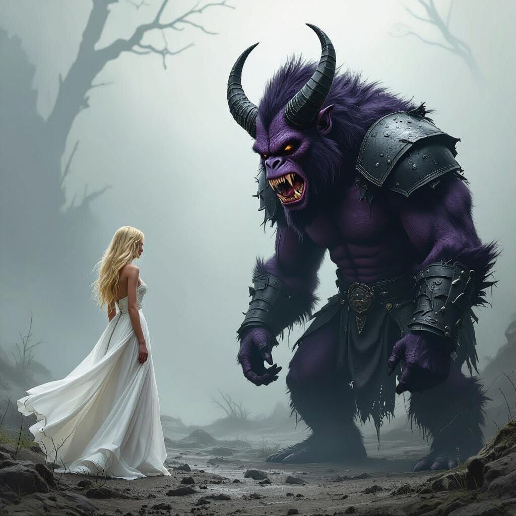Menacing Alien Confronts Woman: Dark Fantasy Art