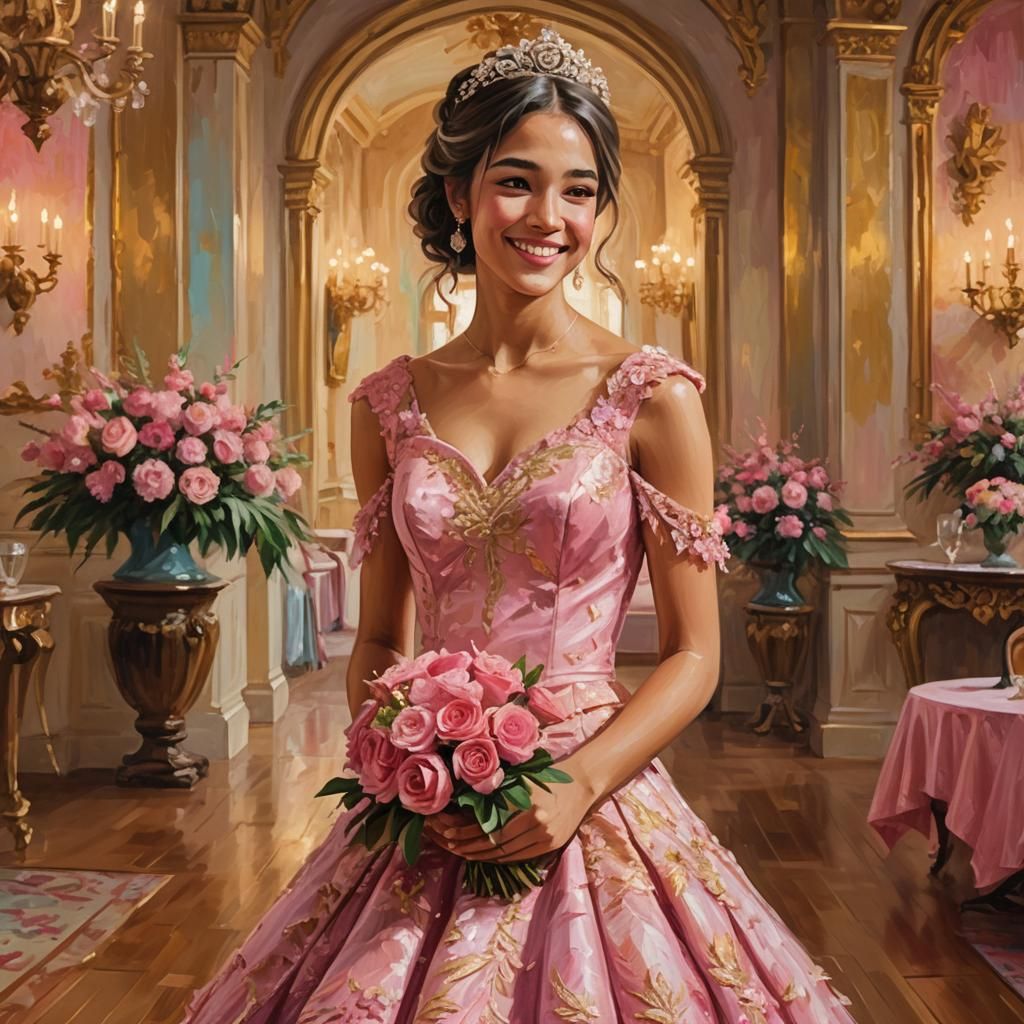Teenage Girl in Pink Dress as Impressionist Oil Painting