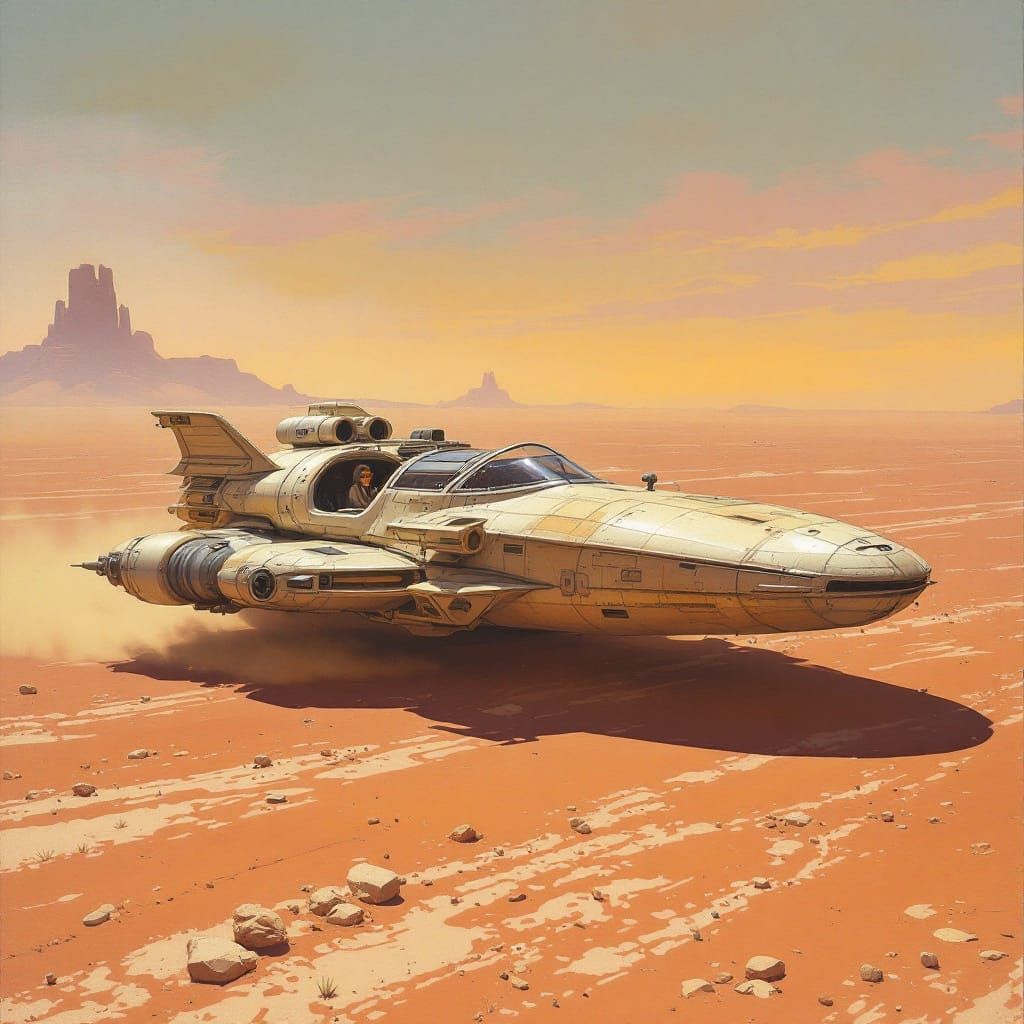 Landspeeder in Moebius-Inspired Tatooine Oil Painting