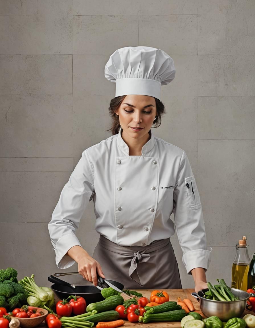 Female Chef Cooking Vegetables in Kitchen