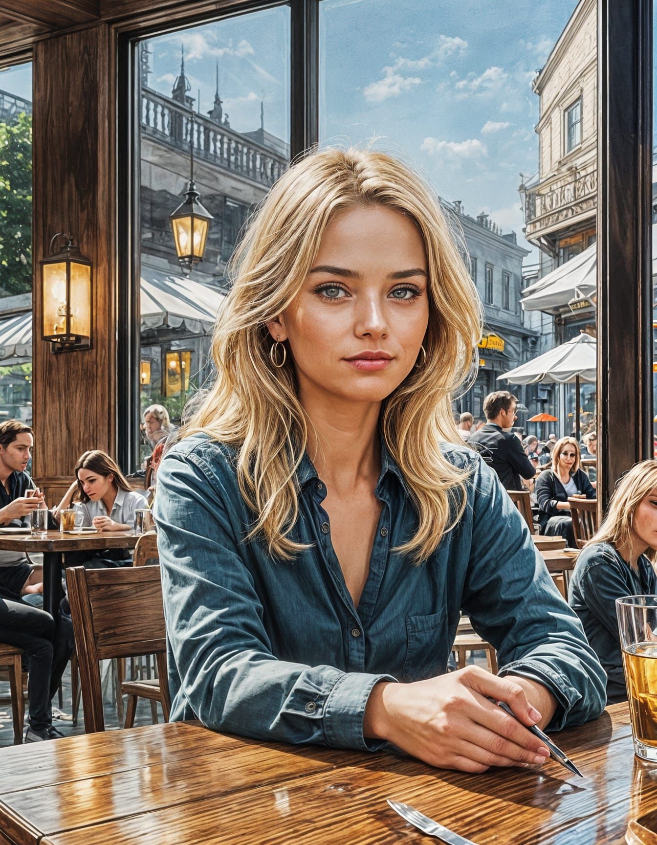 Elegant Blonde Woman in a Restaurant Setting, Ink Illustrati...