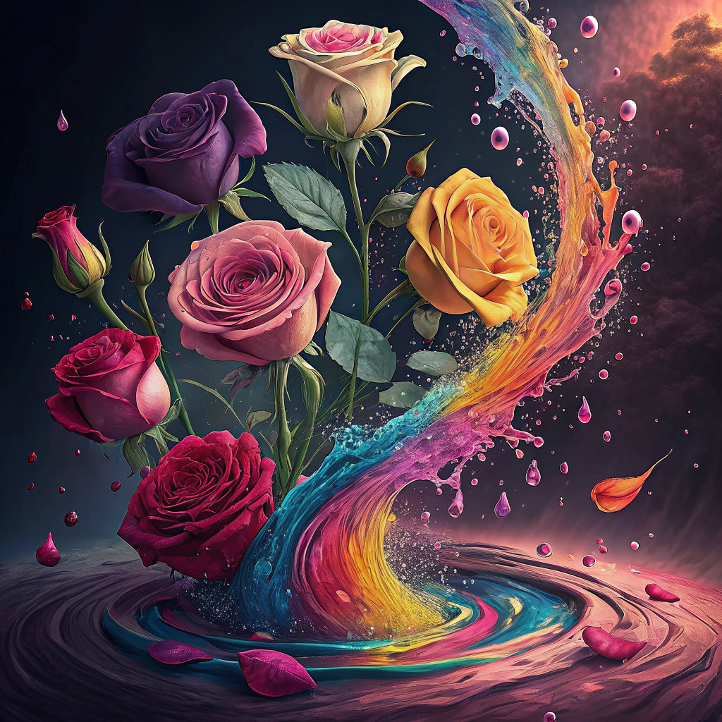 Surreal Roses Emerging from Colorful Liquid