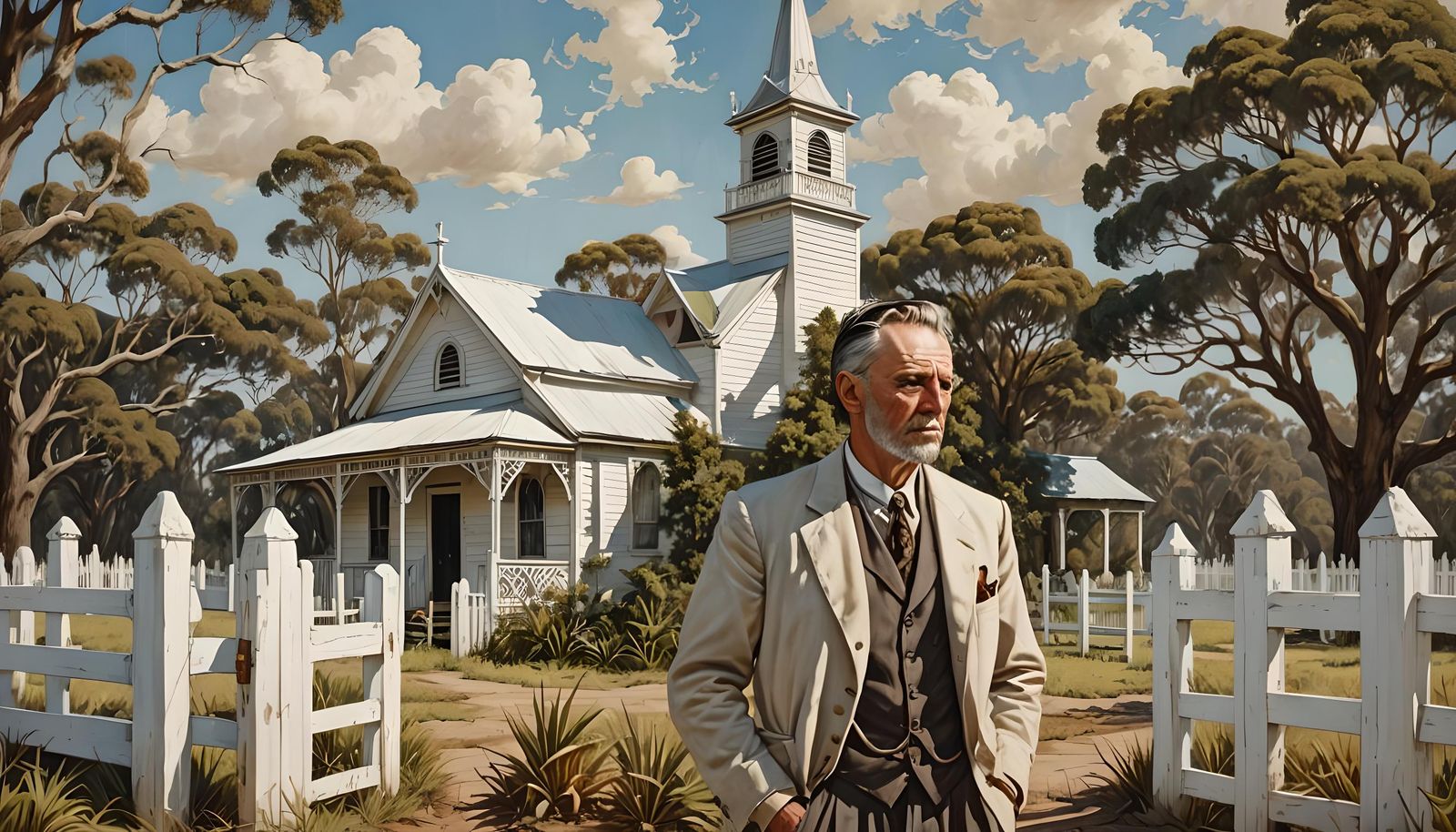 Australian Pastor Outside Country Church, Vintage Style