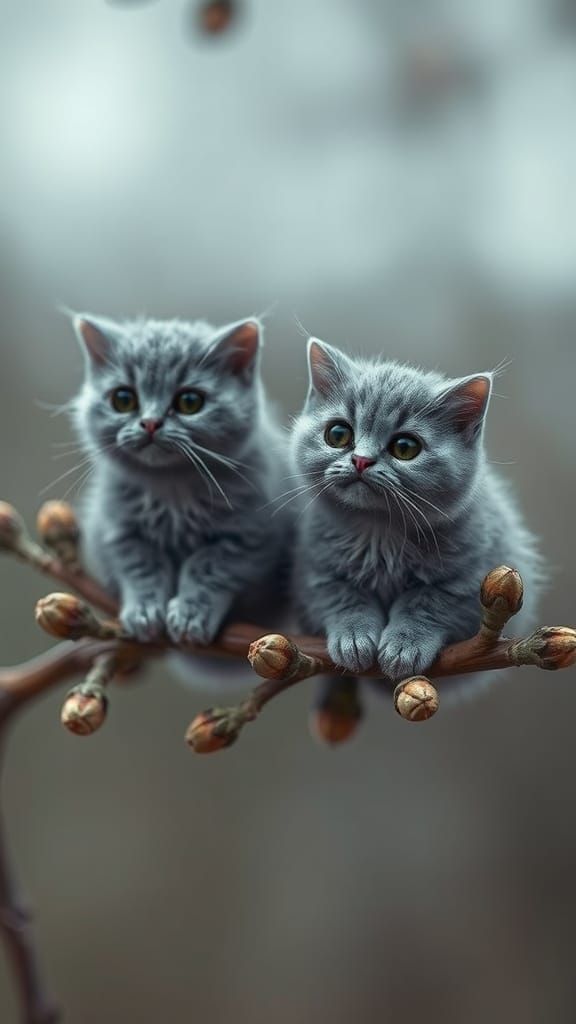 Surreal Whimsy: Gray Cat Willow Buds in Minimalist Realism
