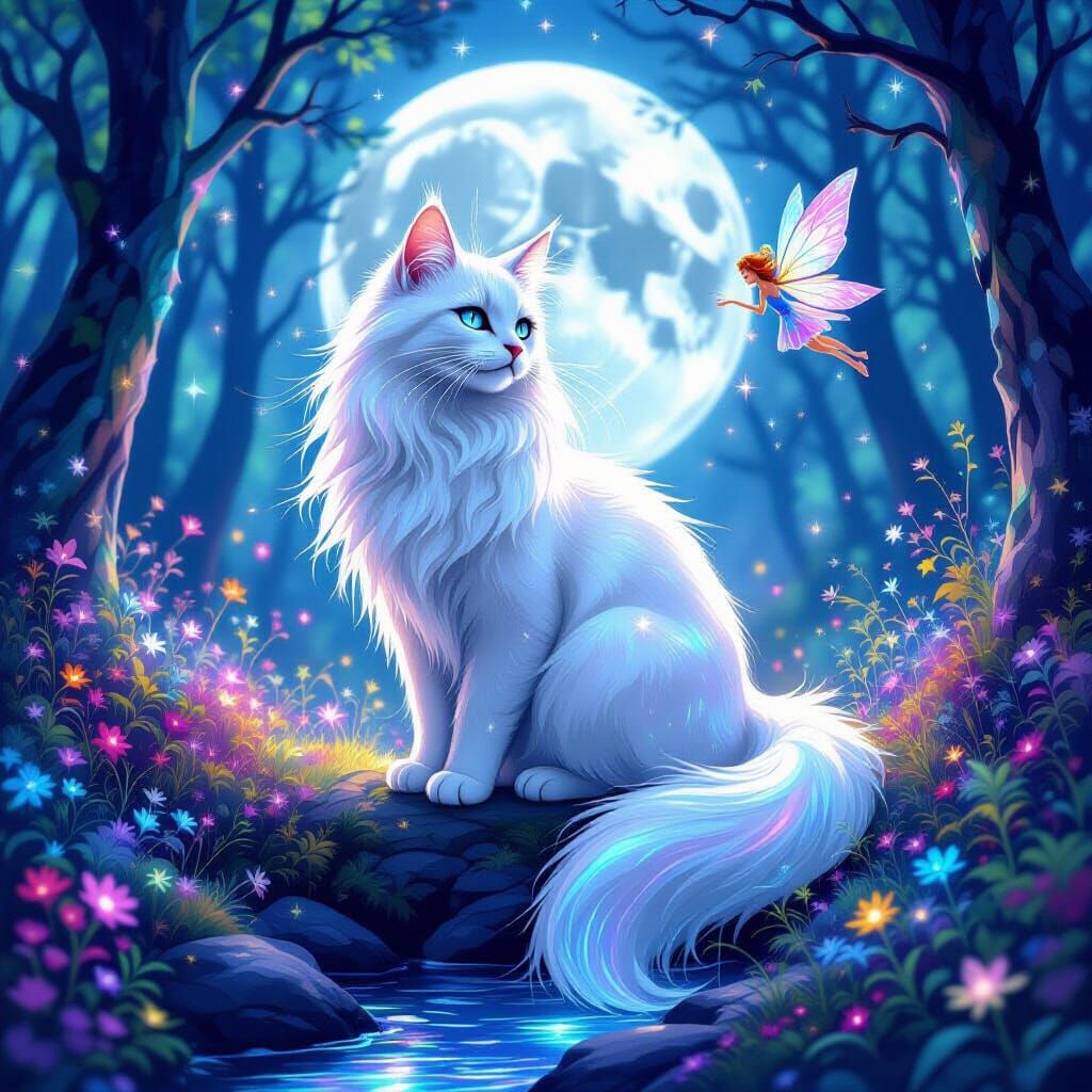 Ethereal Luminescent Cat in Moonlit Forest