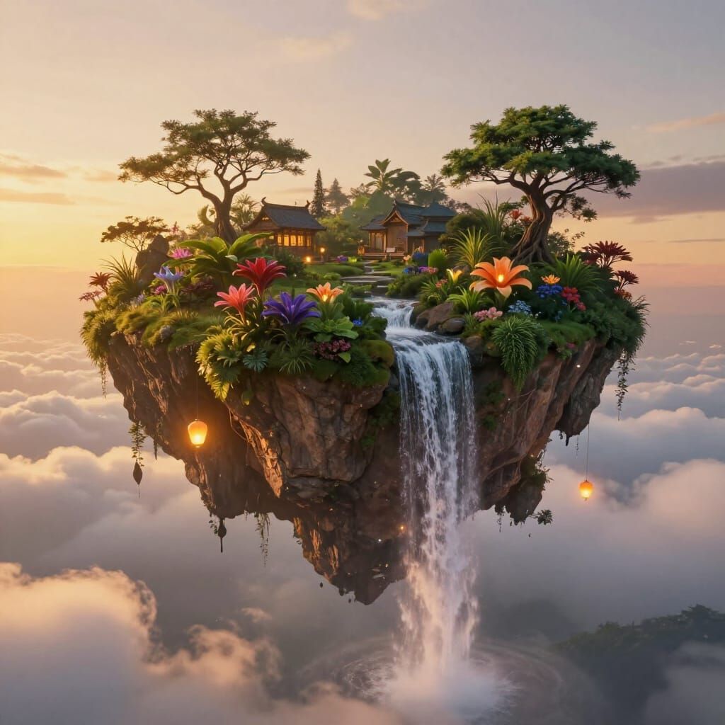 Floating Island at Sunset with Waterfall and Lanterns