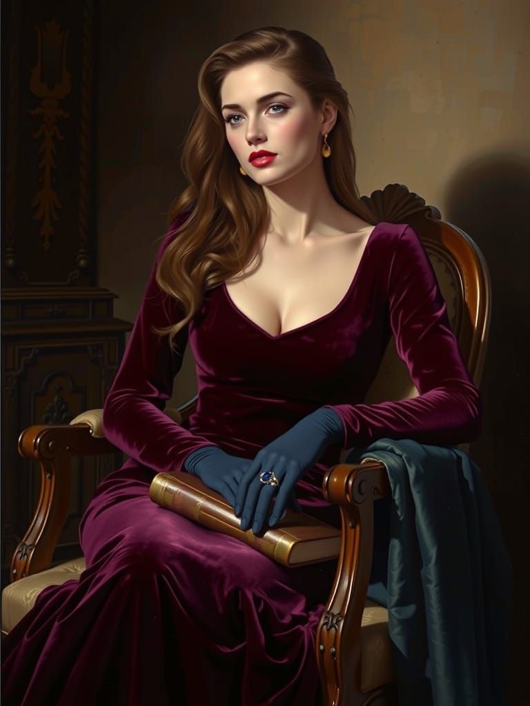 Elegant Oil Portrait of Woman in Velvet Gown