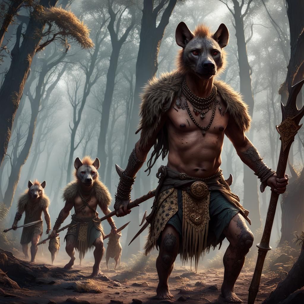 Anthropomorphic Hyenas Hunting in Dark Forest