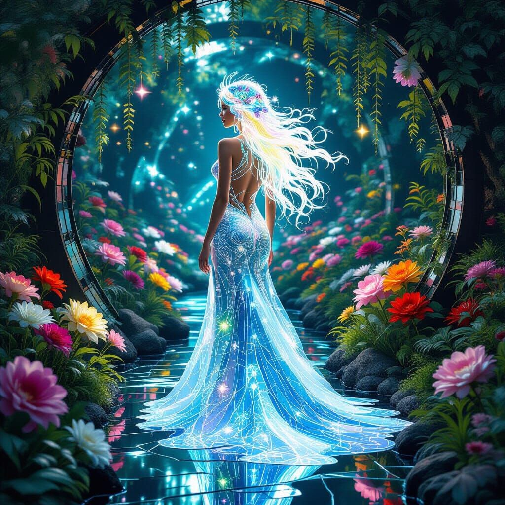 Bioluminescent Garden with Mirror Roots and Glowing Woman