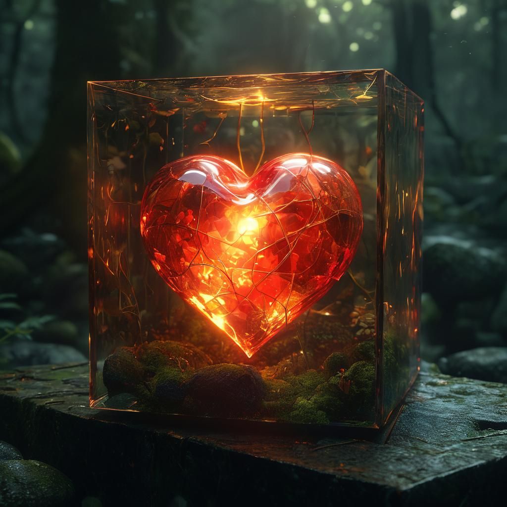 Glowing Heart in Glass Cube, Enchanted Forest Scene