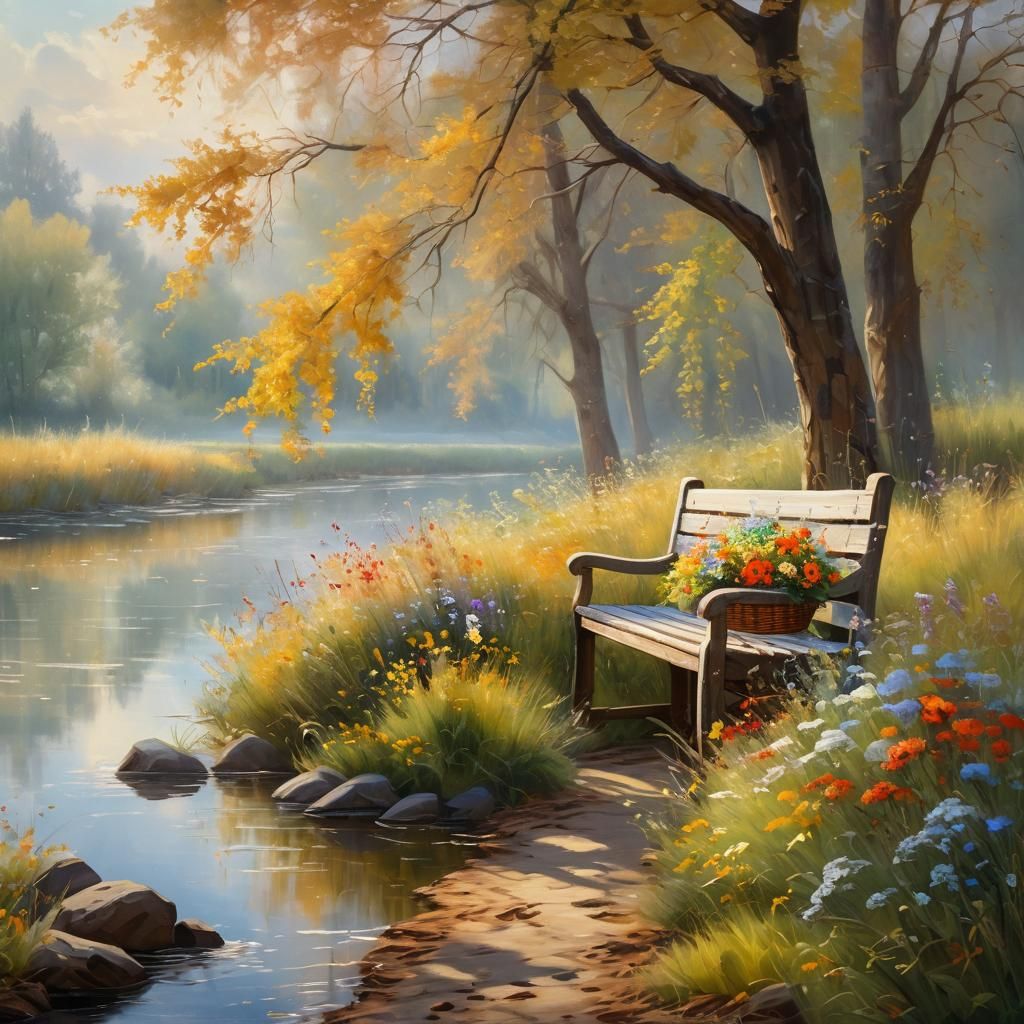 Riverside Bench in Impressionist Autumn Landscape
