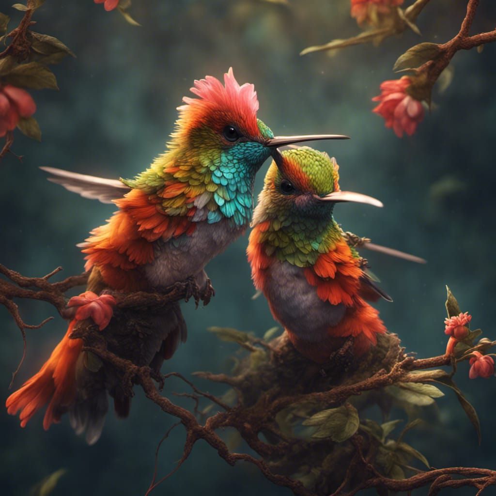 Two Baby Hummingbirds Affectionate Digital Painting