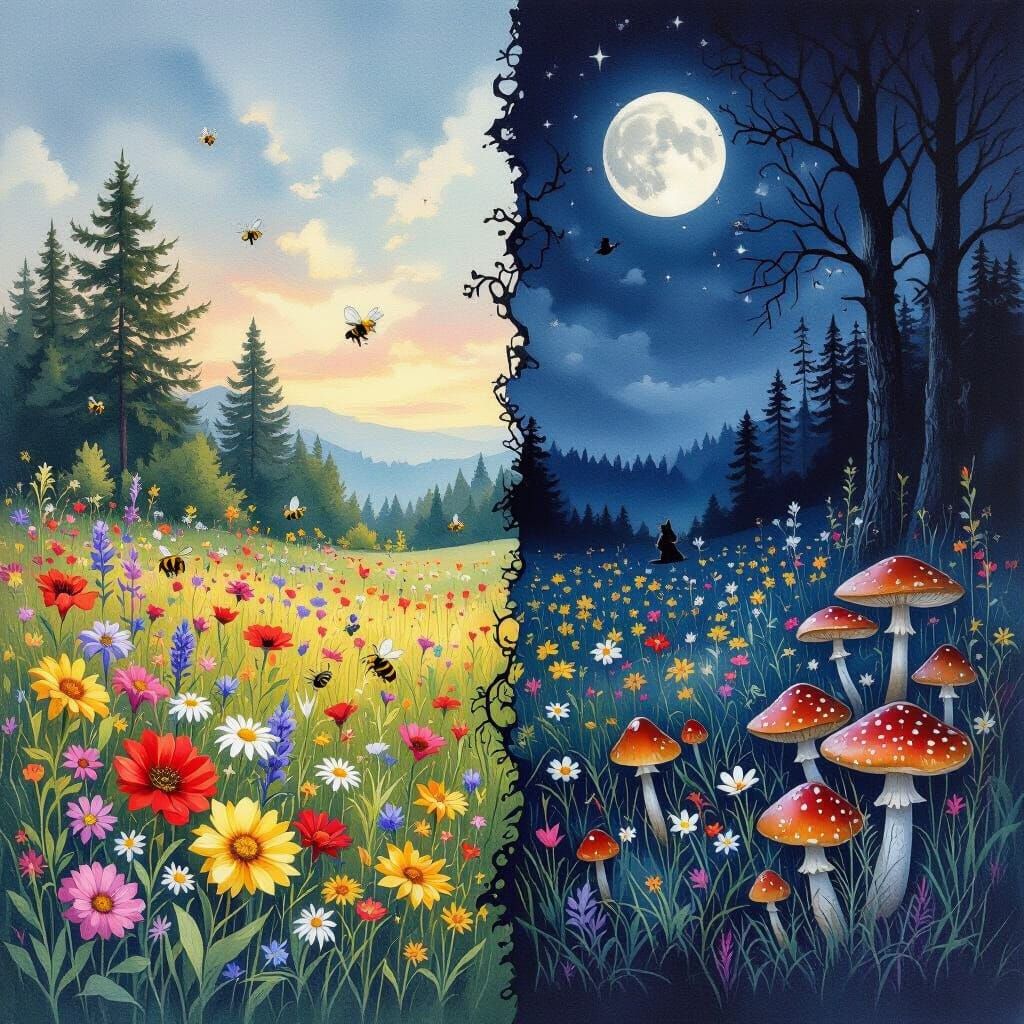 Day and Night Landscape in Watercolor Style