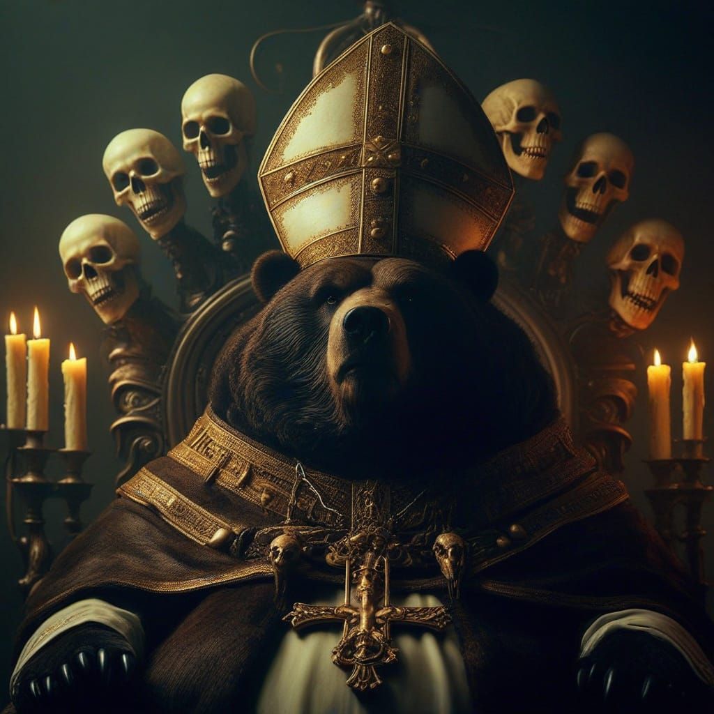 Obese Bear as Pope on Skull Throne in Dark Fantasy