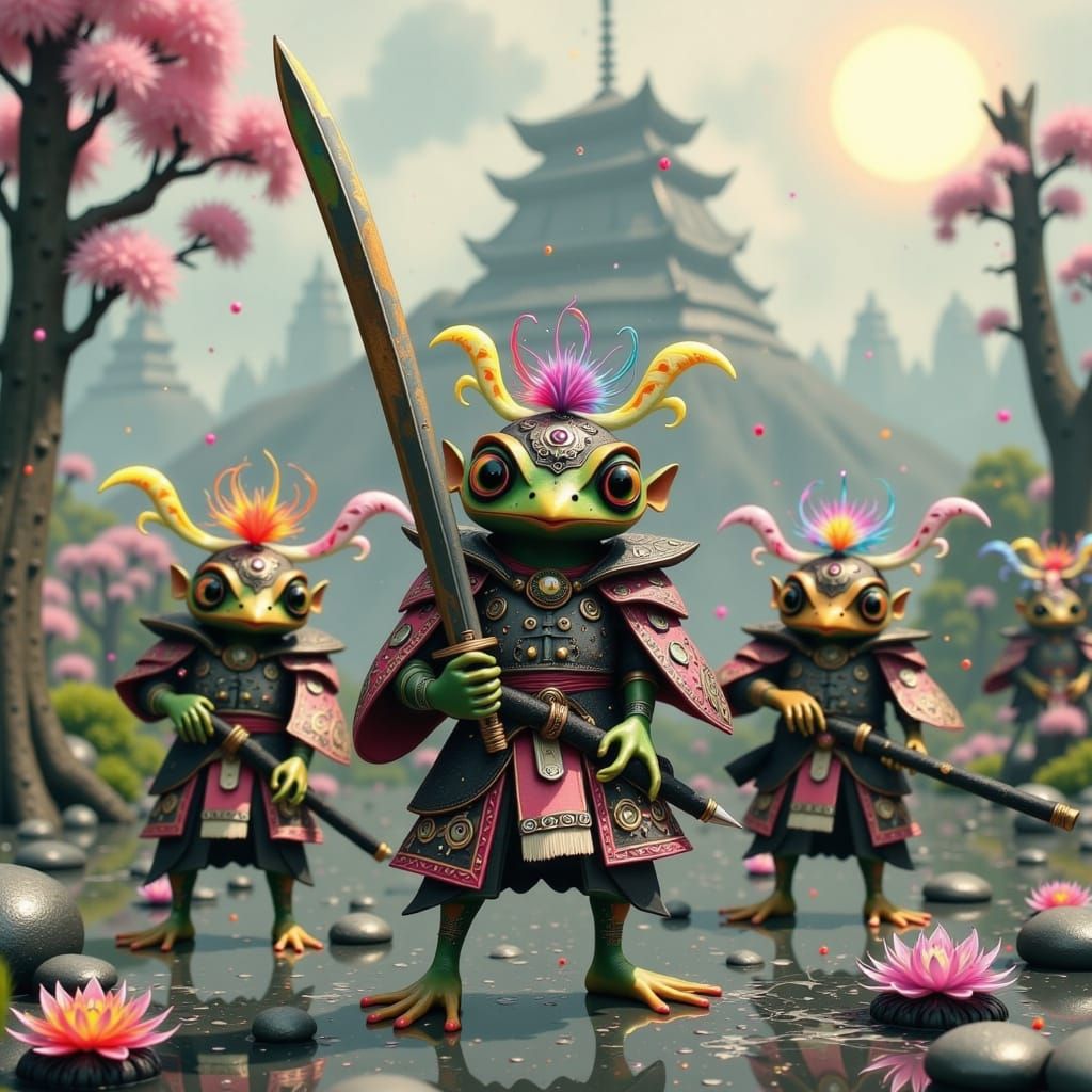Frog Samurai Warriors in Feudal Japan Landscape