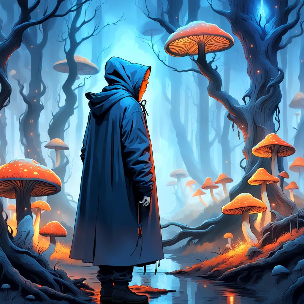 Hooded Figure in Misty Forest Digital Painting