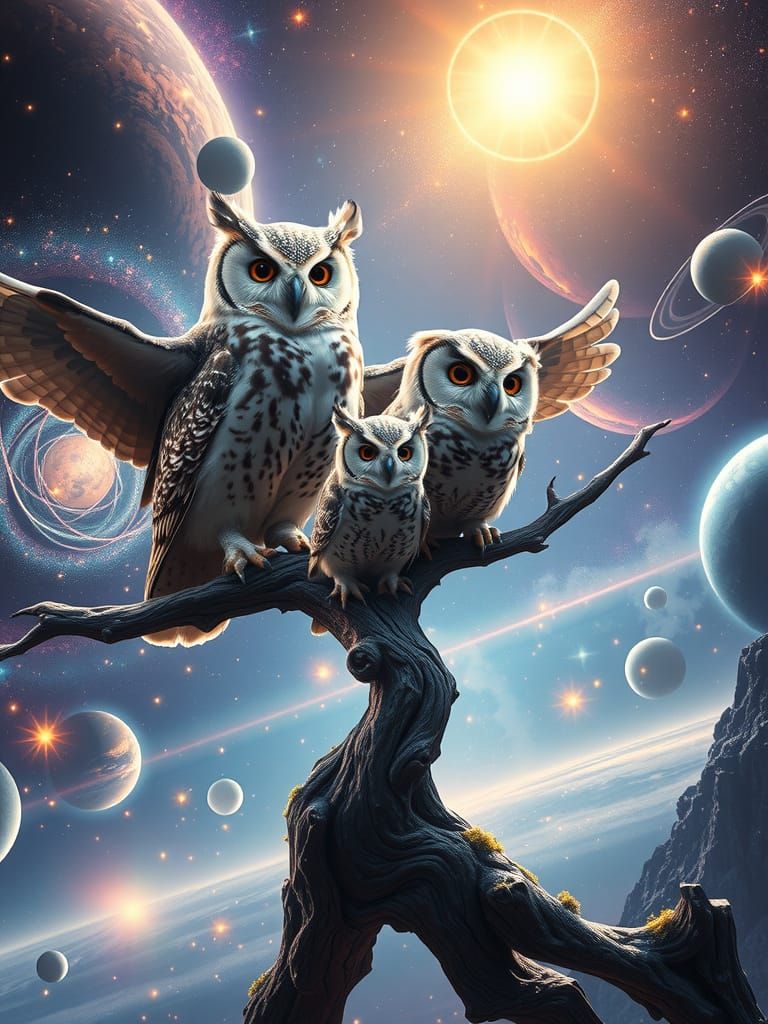 Mystical Owls Levitate in Cosmic Panorama