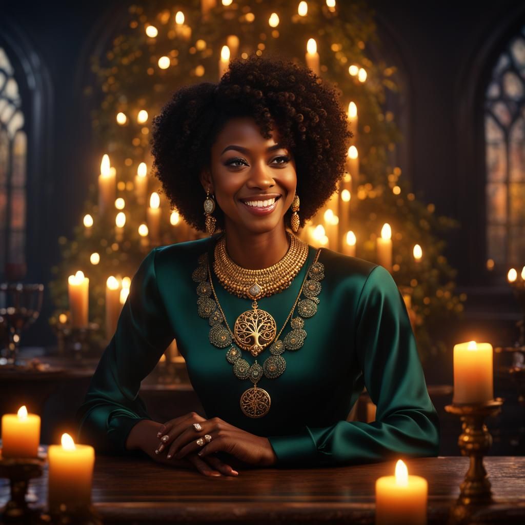 Smiling Woman with Tree of Life Necklace, Detailed Matte Pai...