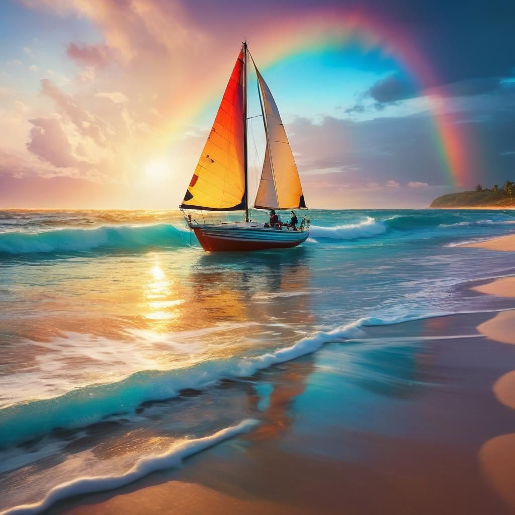 Rainbow Sailboat: Whimsical Fantasy Art in Van Gogh Style