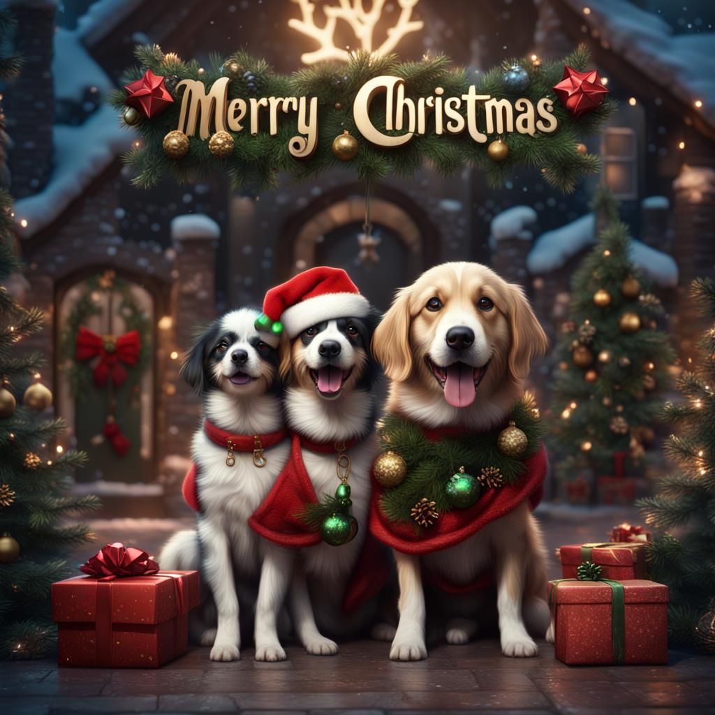 Festive Dogs Hold Merry Christmas Sign