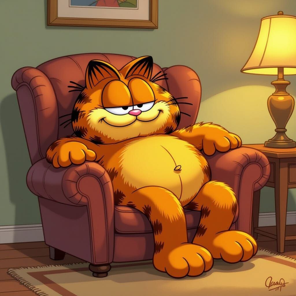 Exaggeratedly Fat Garfield Lounging in Armchair