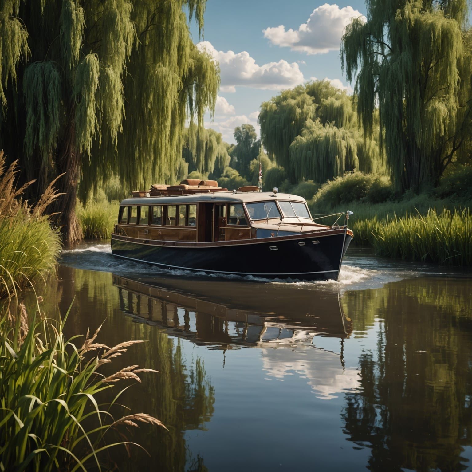 Vintage Motor Cruiser on River: Digital Matte Painting