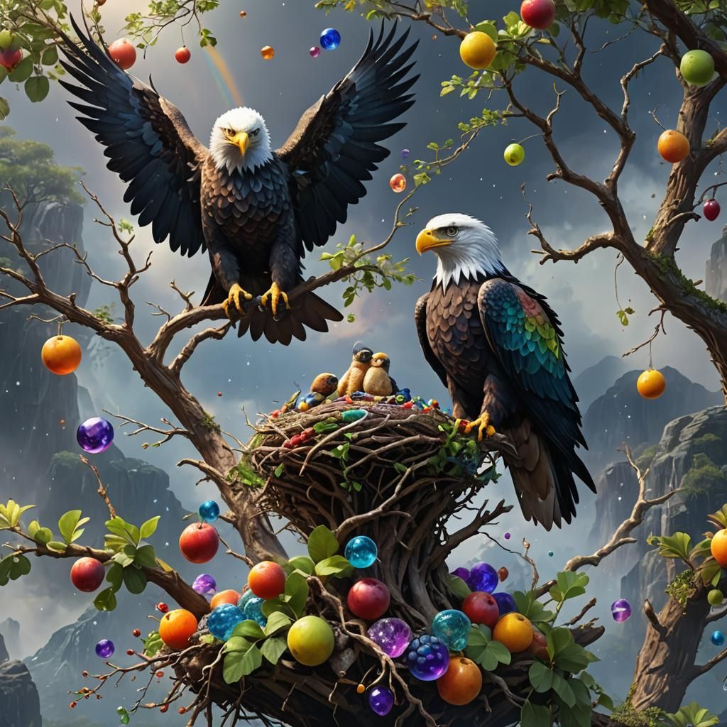 Rainbow Gemstone Eagles Circling Nest in Sci-Fi Crystal Scen...