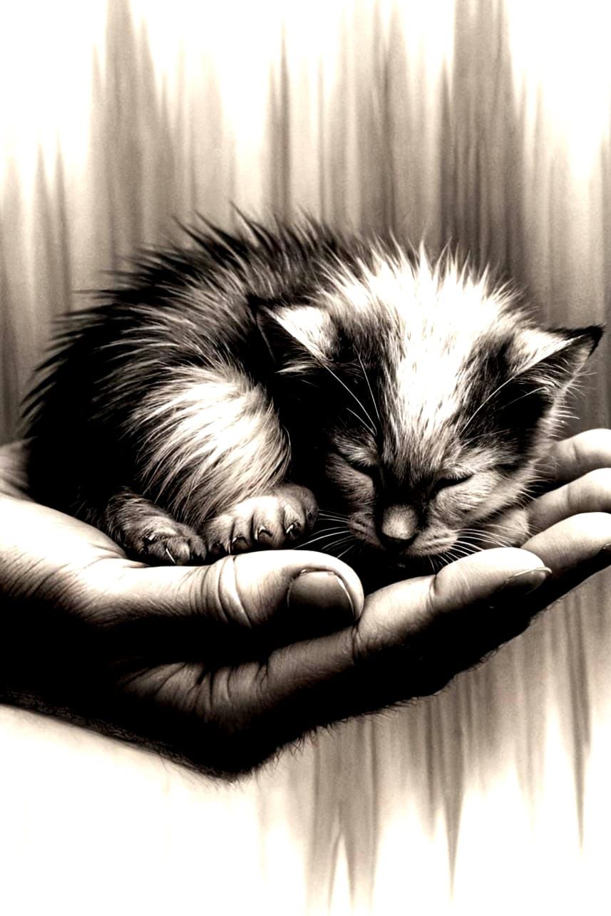 Tiny Fluffy Kitten Sleeping on Hand