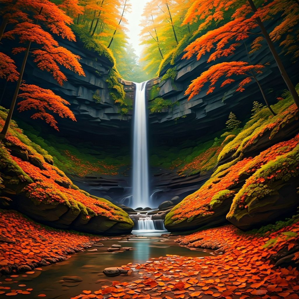 Hidden Waterfall Amidst Glowing Autumn Leaves