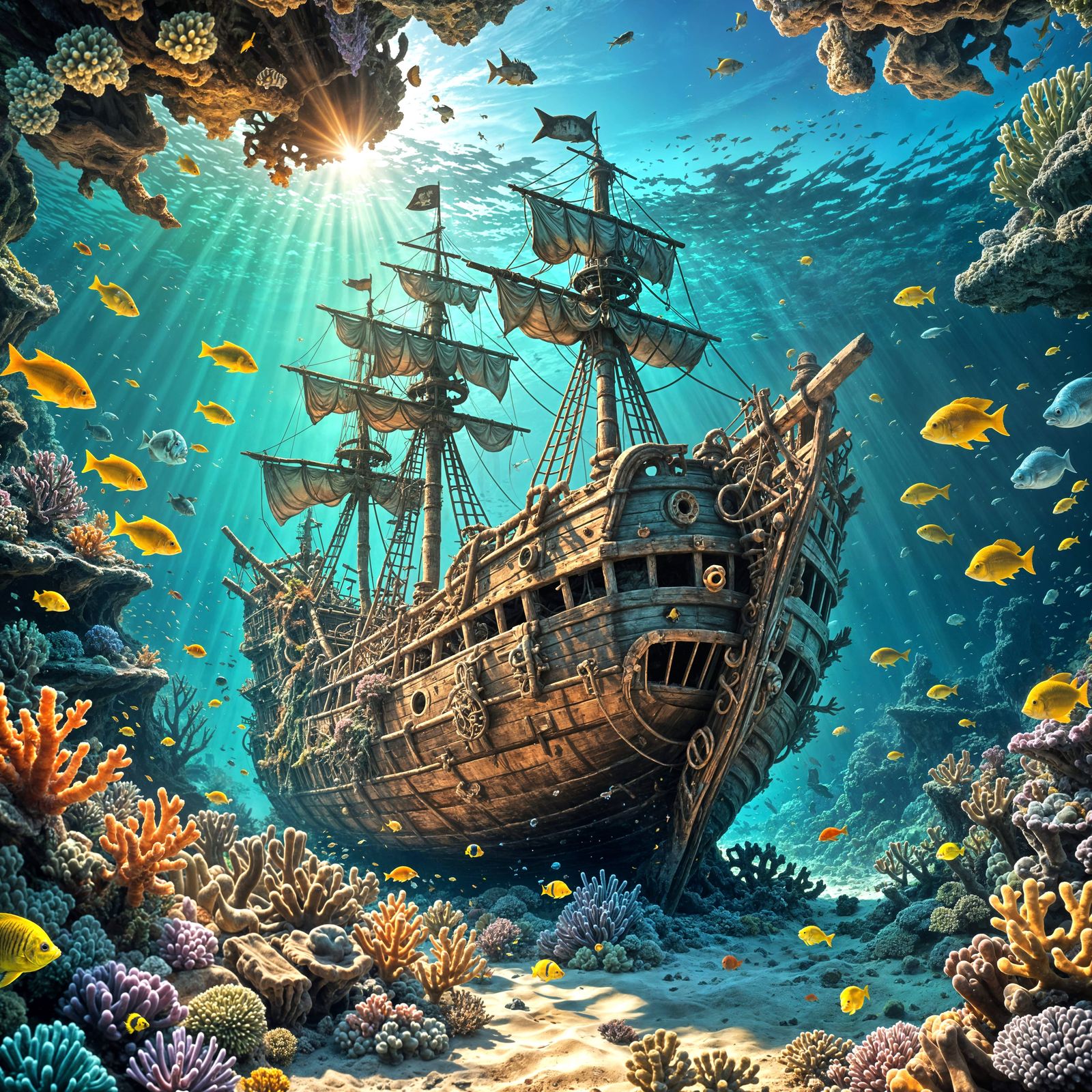 Sunken Pirate Ship: Underwater Coral Reef Scene