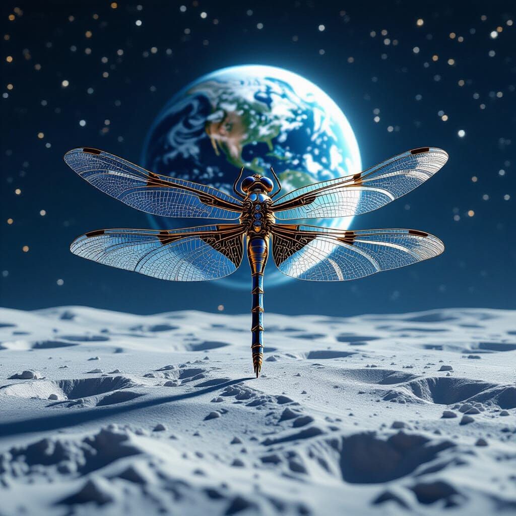Steampunk Dragonfly on the Moon Reflecting Starlight