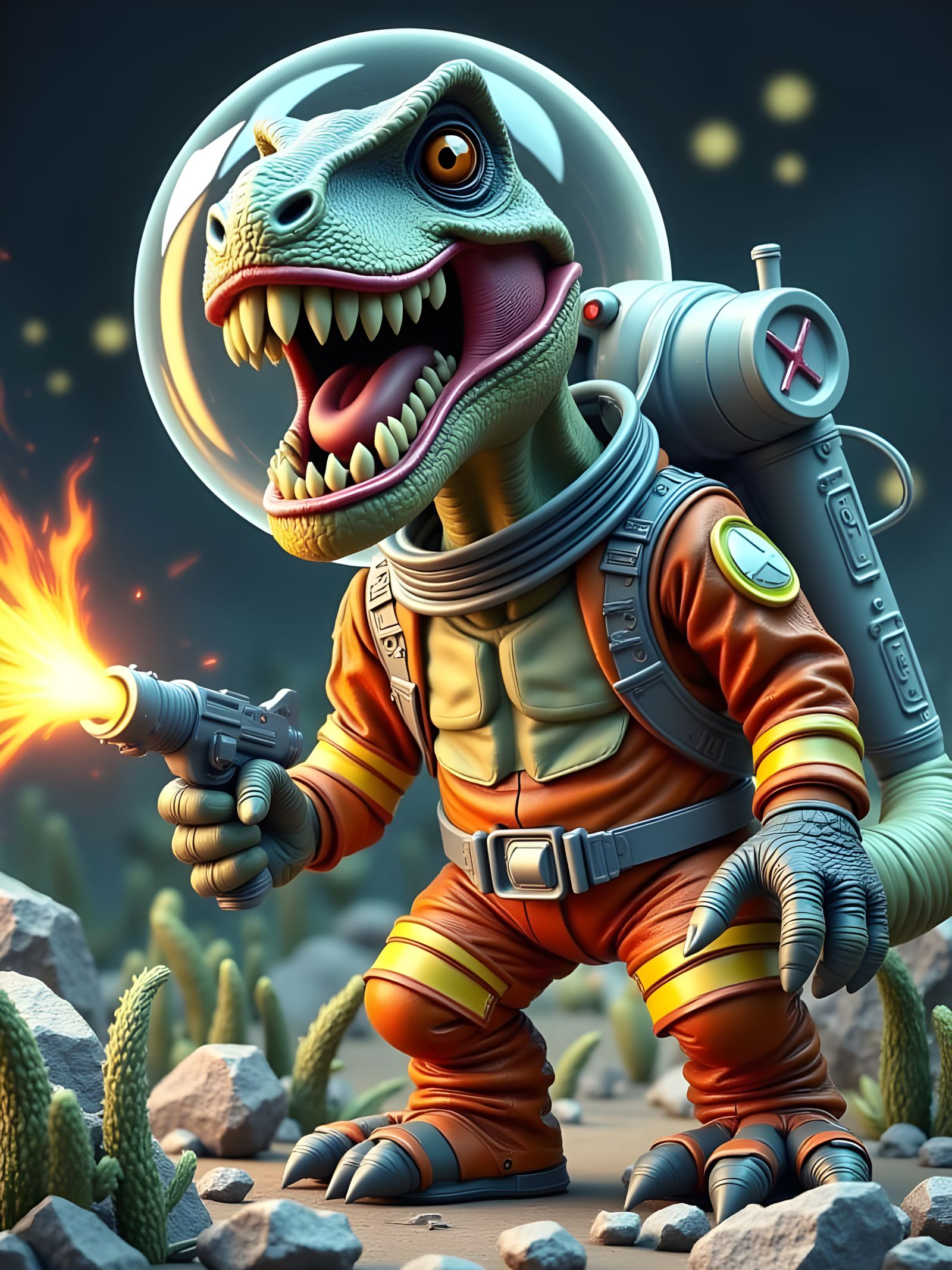 Playful Astronaut T-Rex with Laser Gun