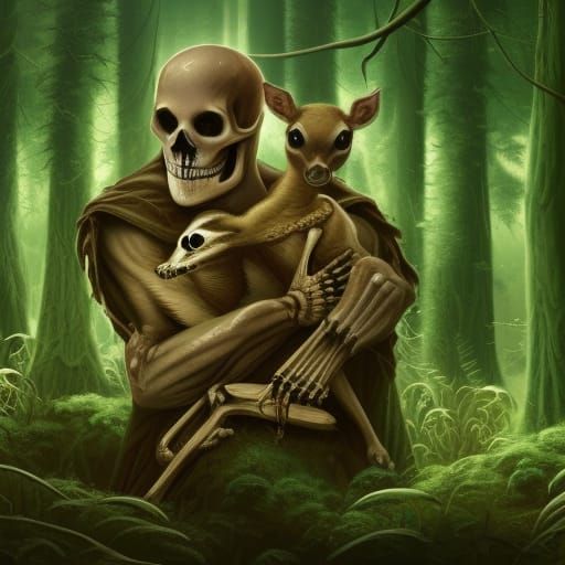 Skeleton Man and Fawn in Enchanted Forest