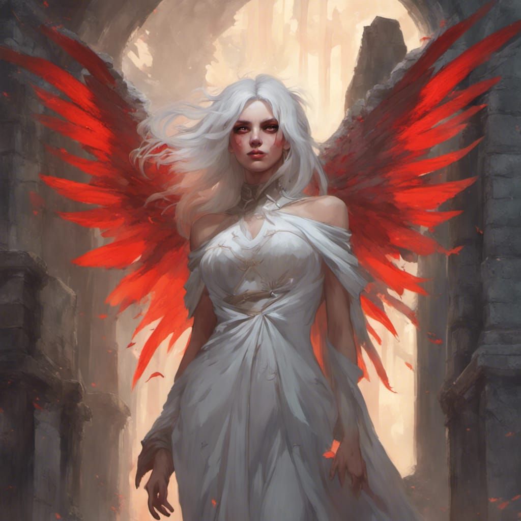 Angel with Red Eyes in Cemetery Ruins