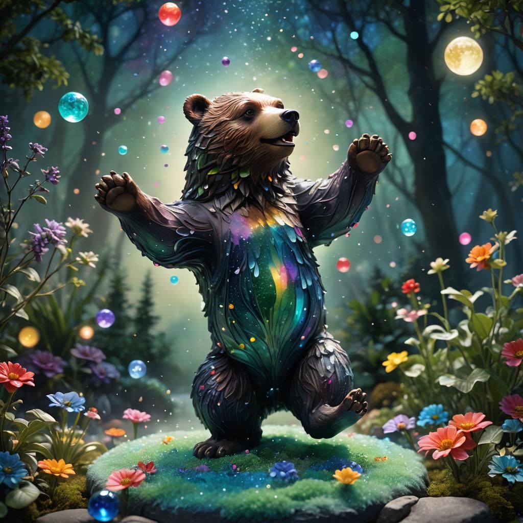 Dancing Bear Figurine in Moonlit Garden
