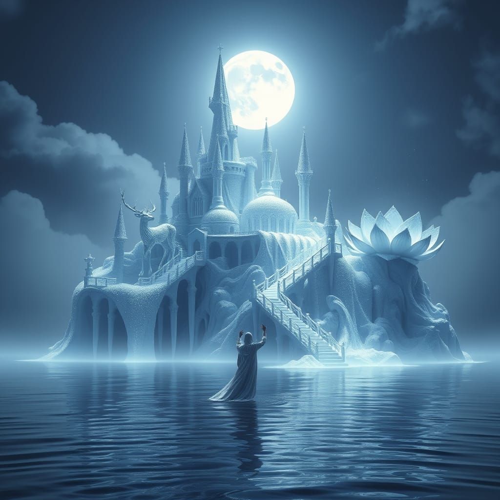 Ethereal Water Sculptor in Dreamlike Castle Landscape