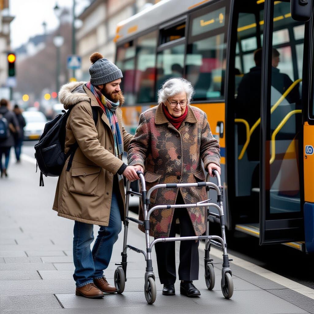 Stranger Assists Elderly Woman With Walker Off Bus