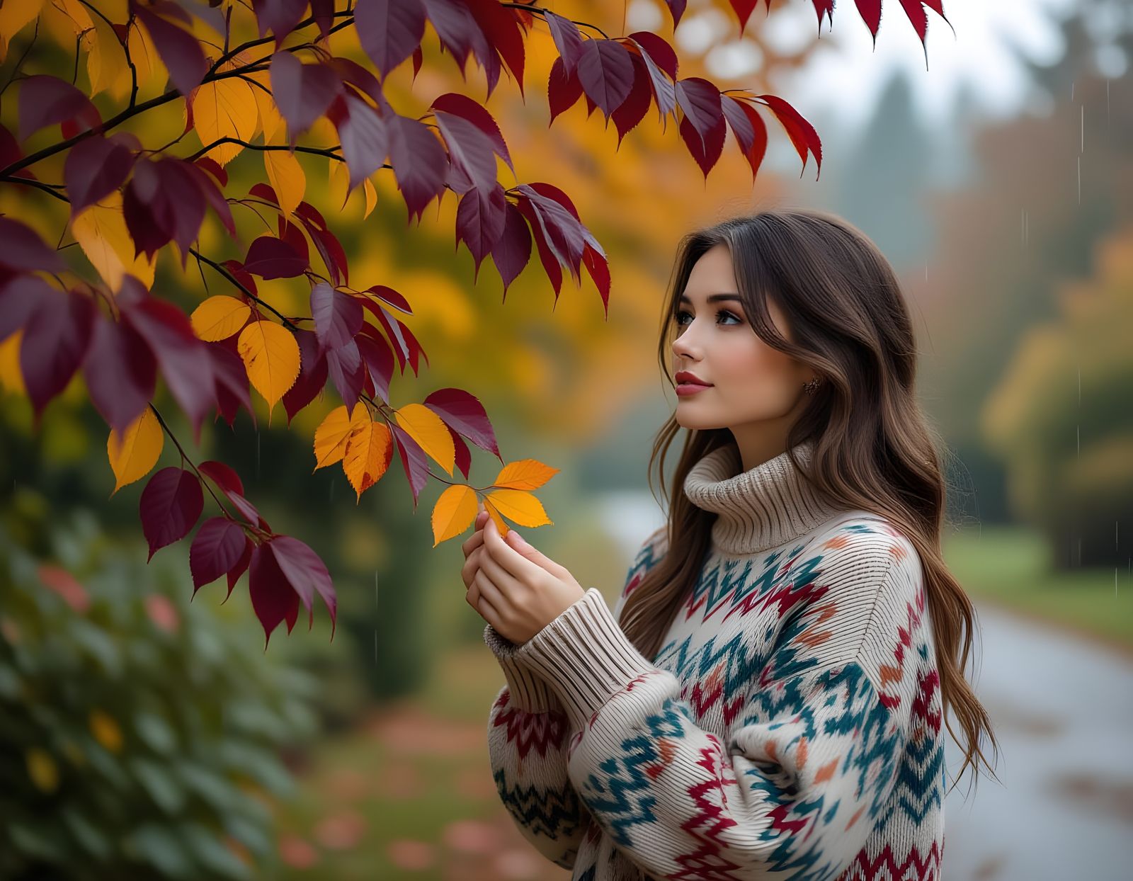 Hyperrealistic Autumn Rainstorm with Bokeh