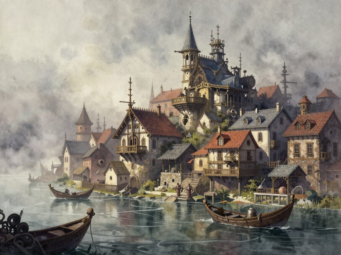 Steampunk Italian Neighborhood In Volumetric Fog Watercolor