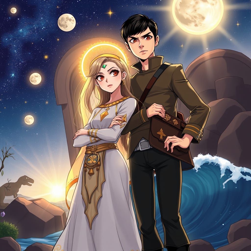 Anime-Style Portraits of Two Adventurers under a Celestial M...