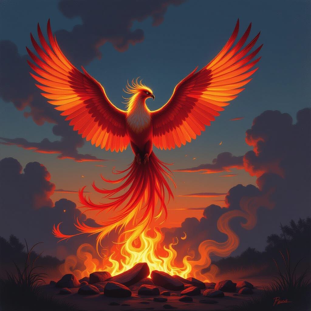 Phoenix Rises From Embers in Oil Painting Style